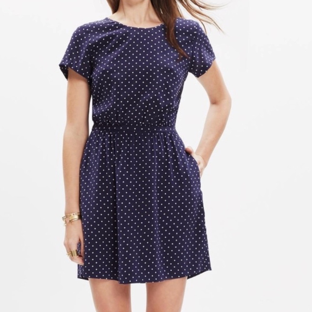 Madewell 100% silk cutout Navy & White Polka Dot Mini Dress size 6
